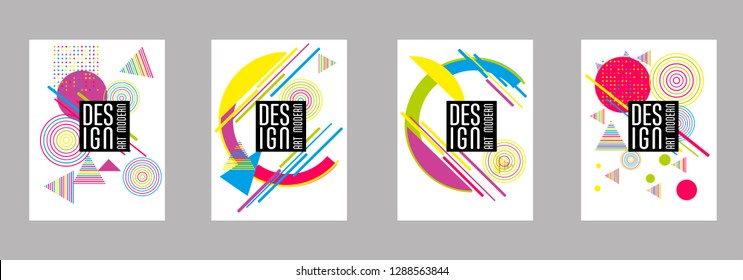 Covers templates set with bauhaus, memphis and hipster style graphic geometric elements. Applicable for placards, brochures, posters, covers and banners.