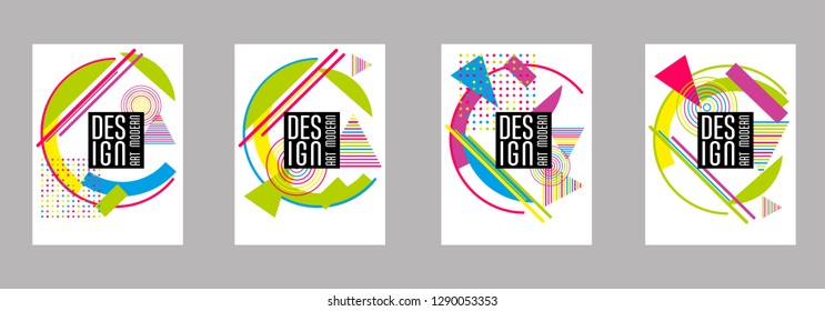 Covers templates set with bauhaus, memphis and hipster style graphic geometric elements. Applicable for placards, brochures, posters, covers and banners