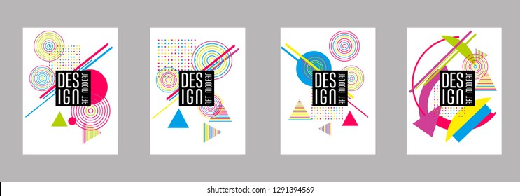 Covers templates set with bauhaus, memphis and hipster style graphic geometric elements. Applicable for placards, brochures, posters, covers and banners.