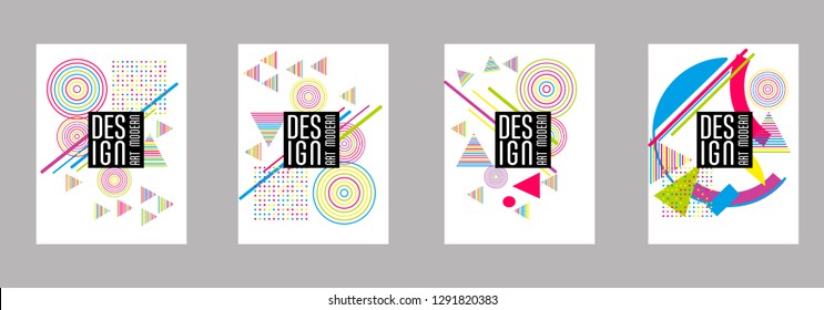 Covers templates set with bauhaus, memphis and hipster style graphic geometric elements. Applicable for placards, brochures, posters, covers and banners.