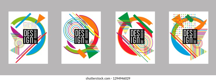 Covers templates set with bauhaus, memphis and hipster style graphic geometric elements. Applicable for placards, brochures, posters, covers and banners.