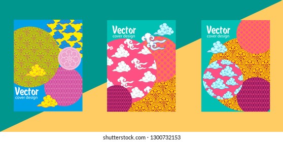 Covers templates set with bauhaus, memphis and hipster style graphic geometric elements. Applicable for placards, brochures, posters, covers and banners.