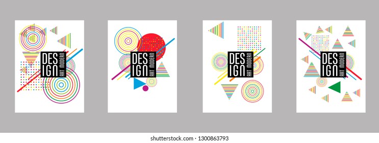 Covers templates set with bauhaus, memphis and hipster style graphic geometric elements. Applicable for placards, brochures, posters, covers and banners.