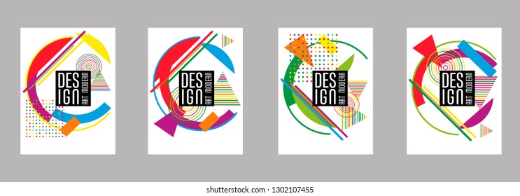 Covers templates set with bauhaus, memphis and hipster style graphic geometric elements. Applicable for placards, brochures, posters, covers and banners.