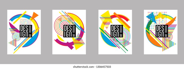 Covers templates set with bauhaus, memphis and hipster style graphic geometric elements. Applicable for placards, brochures, posters, covers and banners.