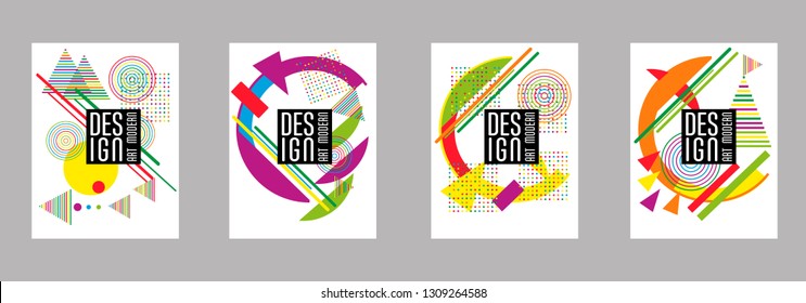 Covers templates set with bauhaus, memphis and hipster style graphic geometric elements. Applicable for placards, brochures, posters, covers and banners.