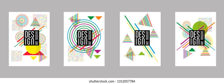 Covers templates set with bauhaus, memphis and hipster style graphic geometric elements. Applicable for placards, brochures, posters, covers and banners.