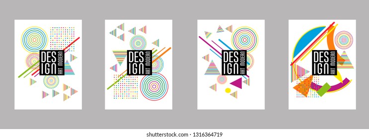 Covers templates set with bauhaus, memphis and hipster style graphic geometric elements. Applicable for placards, brochures, posters, covers and banners.