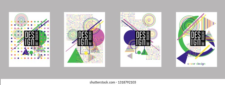 Covers templates set with bauhaus, memphis and hipster style graphic geometric elements. Applicable for placards, brochures, posters, covers and banners.