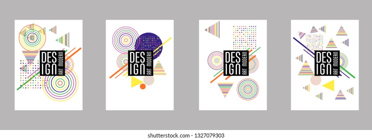 Covers templates set with bauhaus, memphis and hipster style graphic geometric elements. Applicable for placards, brochures, posters, covers and banners.
