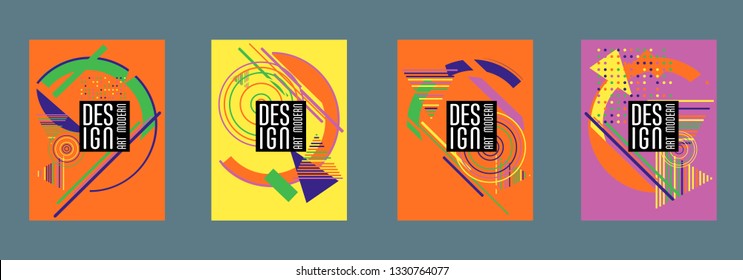 Covers templates set with bauhaus, memphis and hipster style graphic geometric elements. Applicable for placards, brochures, posters, covers and banners.