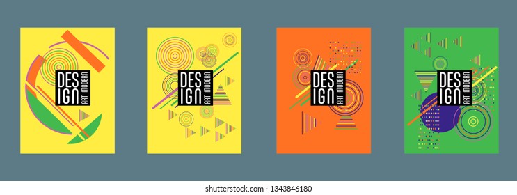 Covers templates set with bauhaus, memphis and hipster style graphic geometric elements. Applicable for placards, brochures, posters, covers and banners.