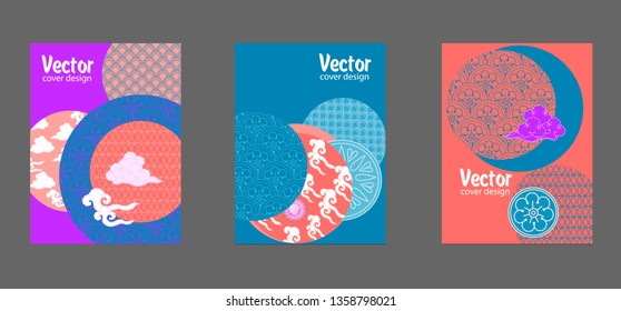 Covers templates set with bauhaus, memphis and hipster style graphic geometric elements. Applicable for placards, brochures, posters, covers and banners.