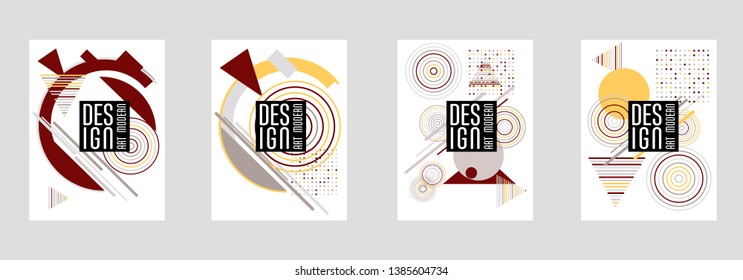 Covers templates set with bauhaus, memphis and hipster style graphic geometric elements. Applicable for placards, brochures, posters, covers and banners.