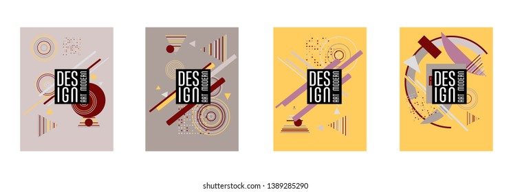 Covers templates set with bauhaus, memphis and hipster style graphic geometric elements. Applicable for placards, brochures, posters, covers and banners.