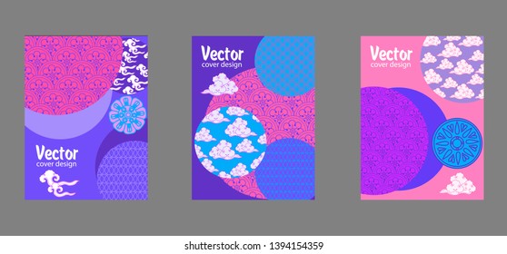 Covers templates set with bauhaus, memphis and hipster style graphic geometric elements. Applicable for placards, brochures, posters, covers and banners.