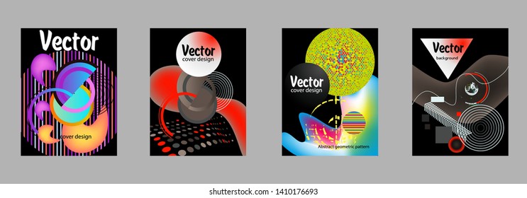 Covers templates set with bauhaus, memphis and hipster style graphic geometric elements. Applicable for placards, brochures, posters, covers and banners.