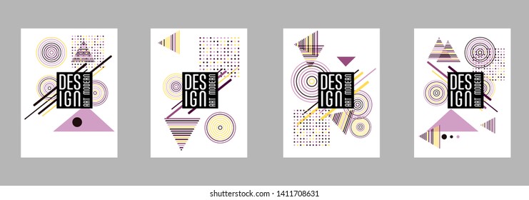 Covers templates set with bauhaus, memphis and hipster style graphic geometric elements. Applicable for placards, brochures, posters, covers and banners.