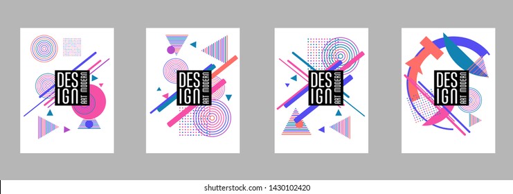 Covers templates set with bauhaus, memphis and hipster style graphic geometric elements. Applicable for placards, brochures, posters, covers and banners.