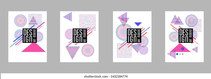 Covers templates set with bauhaus, memphis and hipster style graphic geometric elements. Applicable for placards, brochures, posters, covers and banners.