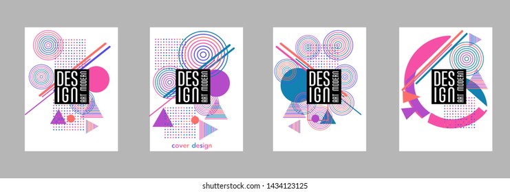 Covers templates set with bauhaus, memphis and hipster style graphic geometric elements. Applicable for placards, brochures, posters, covers and banners.