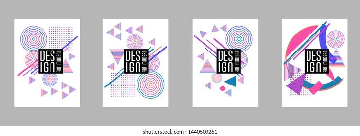 Covers templates set with bauhaus, memphis and hipster style graphic geometric elements. Applicable for placards, brochures, posters, covers and banners.