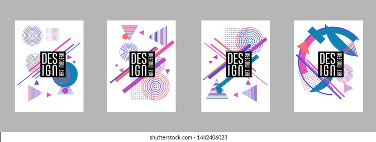 Covers templates set with bauhaus, memphis and hipster style graphic geometric elements. Applicable for placards, brochures, posters, covers and banners.