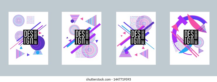 Covers templates set with bauhaus, memphis and hipster style graphic geometric elements. Applicable for placards, brochures, posters, covers and banners.