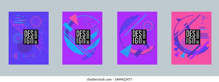 Covers templates set with bauhaus, memphis and hipster style graphic geometric elements. Applicable for placards, brochures, posters, covers and banners.