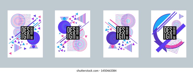 Covers templates set with bauhaus, memphis and hipster style graphic geometric elements. Applicable for placards, brochures, posters, covers and banners.