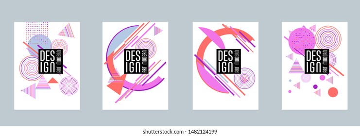 Covers templates set with bauhaus, memphis and hipster style graphic geometric elements. Applicable for placards, brochures, posters, covers and banners.
