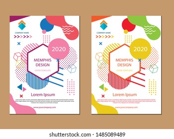 Covers templates set with bauhaus, memphis and hipster style graphic geometric elements. Applicable for placards, brochures, posters, covers and banners. Vector illustrations