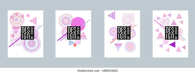 Covers templates set with bauhaus, memphis and hipster style graphic geometric elements. Applicable for placards, brochures, posters, covers and banners.