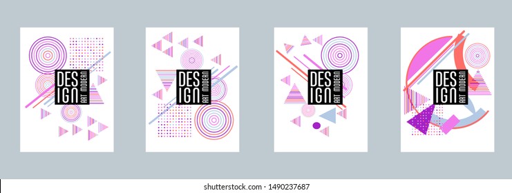 Covers templates set with bauhaus, memphis and hipster style graphic geometric elements. Applicable for placards, brochures, posters, covers and banners.