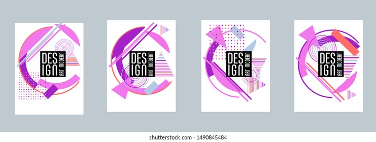 Covers templates set with bauhaus, memphis and hipster style graphic geometric elements. Applicable for placards, brochures, posters, covers and banners.