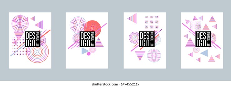 Covers templates set with bauhaus, memphis and hipster style graphic geometric elements. Applicable for placards, brochures, posters, covers and banners.
