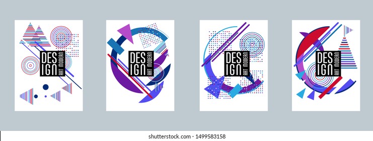 Covers templates set with bauhaus, memphis and hipster style graphic geometric elements. Applicable for placards, brochures, posters, covers and banners.