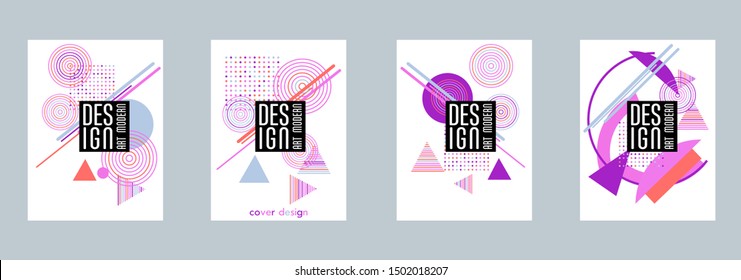 Covers templates set with bauhaus, memphis and hipster style graphic geometric elements. Applicable for placards, brochures, posters, covers and banners.