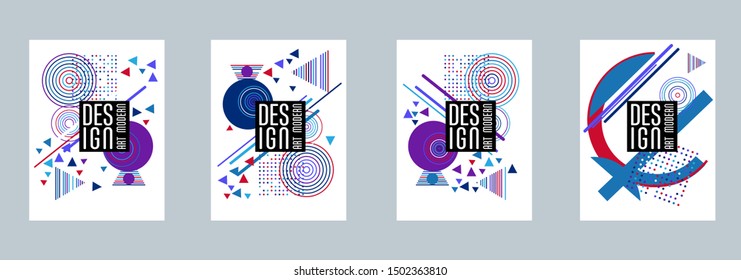 Covers templates set with bauhaus, memphis and hipster style graphic geometric elements. Applicable for placards, brochures, posters, covers and banners.