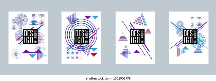 Covers templates set with bauhaus, memphis and hipster style graphic geometric elements. Applicable for placards, brochures, posters, covers and banners.