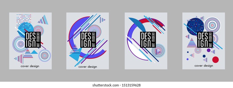 Covers templates set with bauhaus, memphis and hipster style graphic geometric elements. Applicable for placards, brochures, posters, covers and banners.
