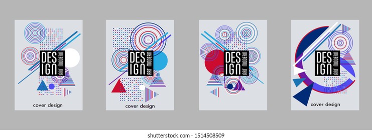 Covers templates set with bauhaus, memphis and hipster style graphic geometric elements. Applicable for placards, brochures, posters, covers and banners.