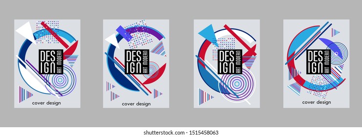Covers templates set with bauhaus, memphis and hipster style graphic geometric elements. Applicable for placards, brochures, posters, covers and banners.