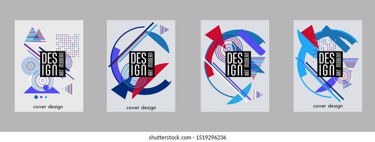 Covers templates set with bauhaus, memphis and hipster style graphic geometric elements. Applicable for placards, brochures, posters, covers and banners.