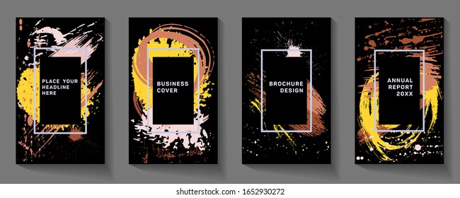 Covers templates set with bauhaus, memphis and hipster style graphic geometric elements.  Applicable for placards, brochures, posters, covers and banners. Dynamic movement and spray of colors.