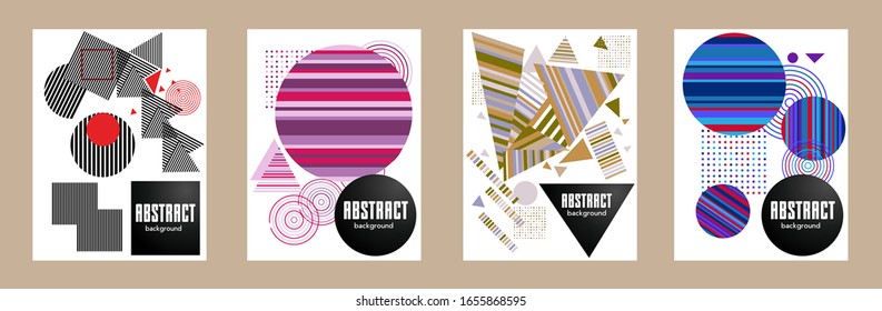 Covers templates set with bauhaus, memphis and hipster style graphic geometric elements. Applicable for placards, brochures, posters, covers and banners.