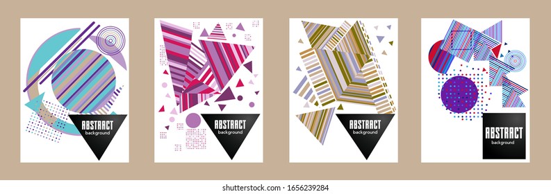 Covers templates set with bauhaus, memphis and hipster style graphic geometric elements. Applicable for placards, brochures, posters, covers and banners.