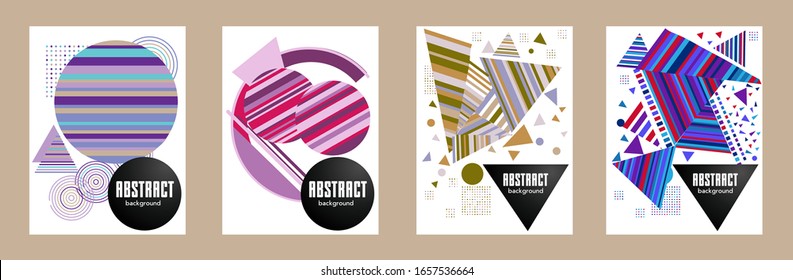 Covers templates set with bauhaus, memphis and hipster style graphic geometric elements. Applicable for placards, brochures, posters, covers and banners.