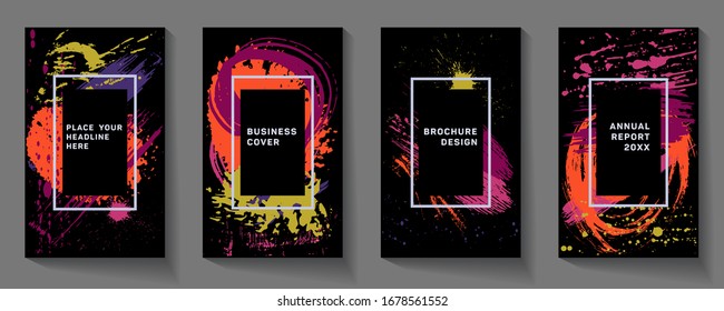 Covers templates set with bauhaus, memphis and hipster style graphic geometric elements.  Applicable for placards, brochures, posters, covers and banners. A modern colorful flyer.