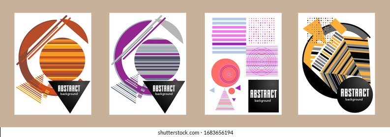 Covers templates set with bauhaus, memphis and hipster style graphic geometric elements. Applicable for placards, brochures, posters, covers and banners.
